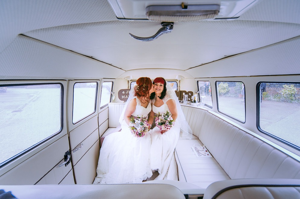 Brides inside of Car at LGBTQ+ Wedding