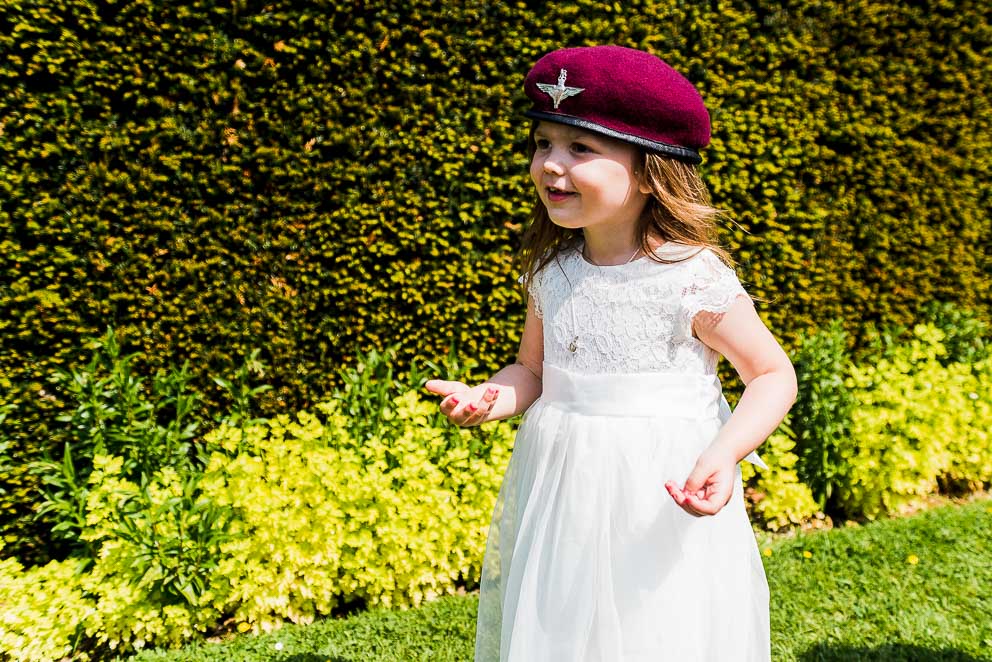 Flower girl wears military beret at Sulgrave Manor